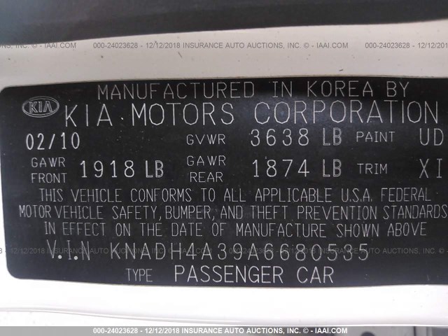 KNADH4A39A6680535 - 2010 KIA RIO LX/SX WHITE photo 9