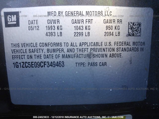 1G1ZC5E09CF349463 - 2012 CHEVROLET MALIBU 1LT GRAY photo 9