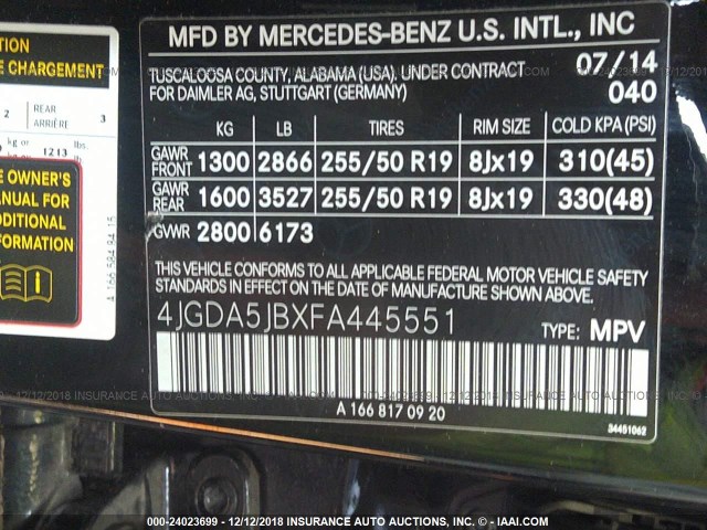 4JGDA5JBXFA445551 - 2015 MERCEDES-BENZ ML 350 BLACK photo 9