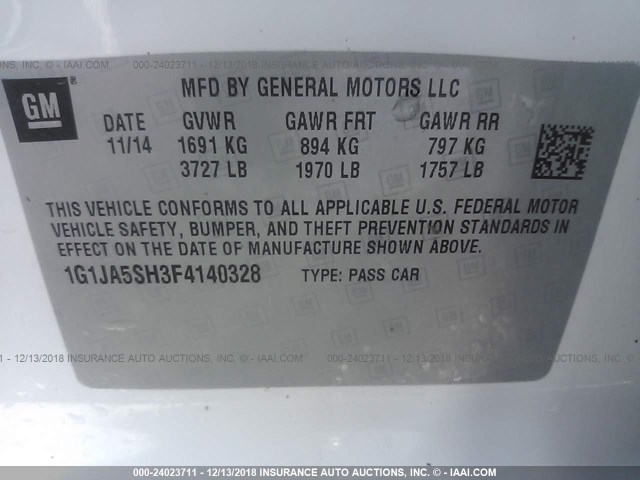 1G1JA5SH3F4140328 - 2015 CHEVROLET SONIC LS 白色 照片 9