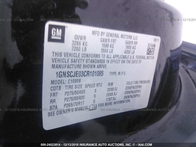 1GNSCJE03CR101085 - 2012 CHEVROLET SUBURBAN C1500 LT BLACK photo 9