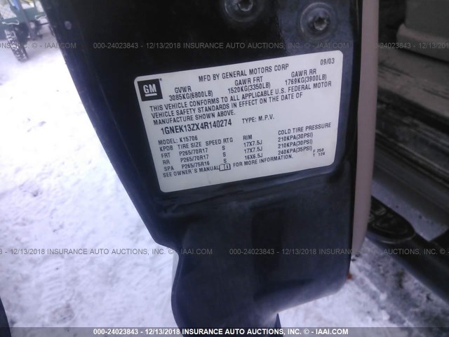 1GNEK13ZX4R140274 - 2004 CHEVROLET TAHOE K1500 BLACK photo 9