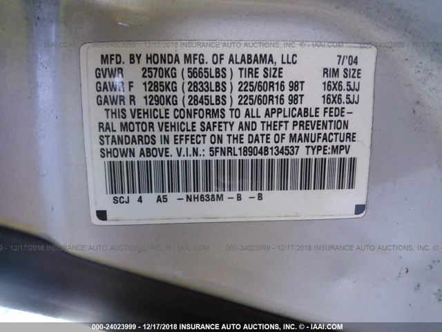 5FNRL18904B134537 - 2004 HONDA ODYSSEY EXL SILVER photo 9