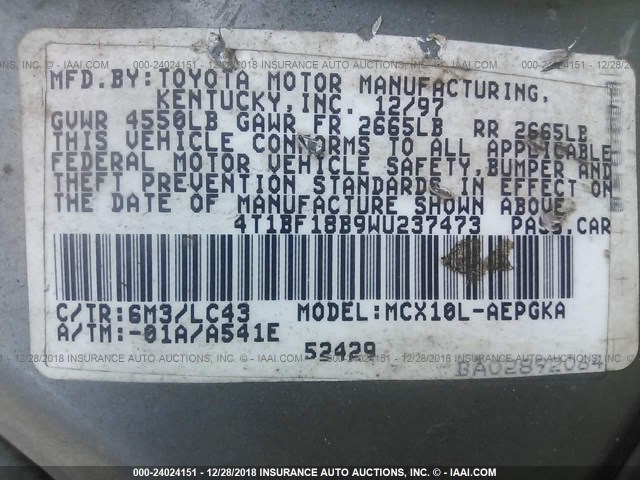 4T1BF18B9WU237473 - 1998 TOYOTA AVALON XL/XLS Pewter photo 9