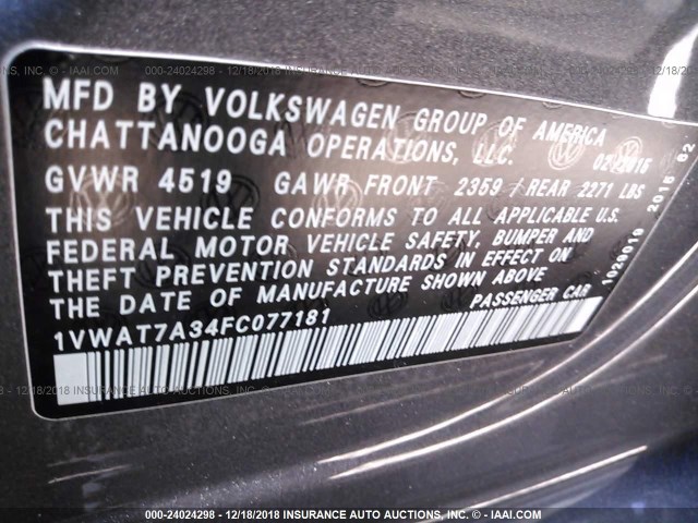 1VWAT7A34FC077181 - 2015 VOLKSWAGEN PASSAT S GRAY photo 9