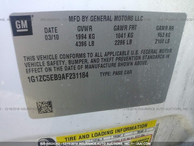 1G1ZC5EB9AF231184 - 2010 CHEVROLET MALIBU 1LT 白色 照片 8