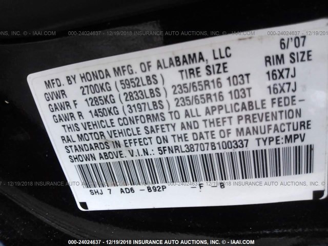 5FNRL38707B100337 - 2007 HONDA ODYSSEY EXL BLACK photo 9