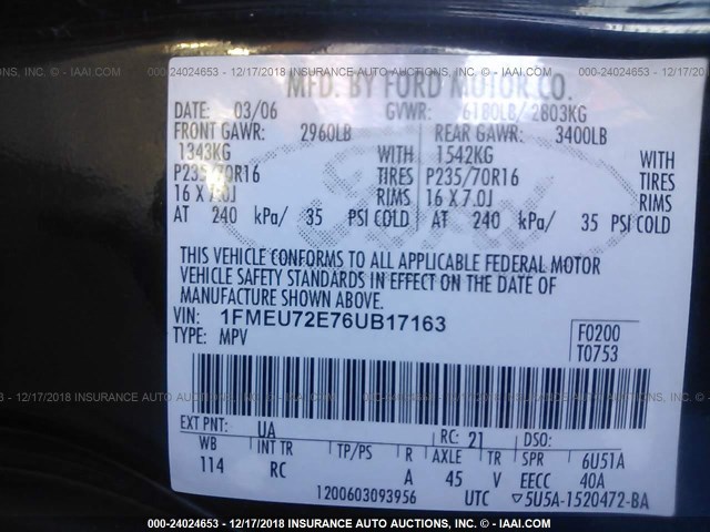 1FMEU72E76UB17163 - 2006 FORD EXPLORER XLS BLACK photo 9