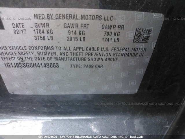 1G1JB5SG6H4149063 - 2017 CHEVROLET SONIC LS 灰色 照片 9