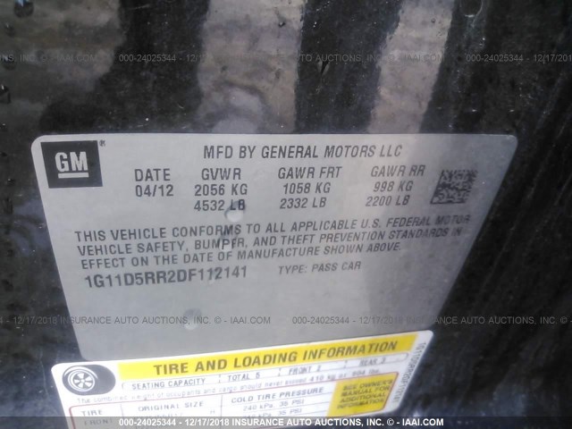 1G11D5RR2DF112141 - 2013 CHEVROLET MALIBU 1LT BLACK photo 9