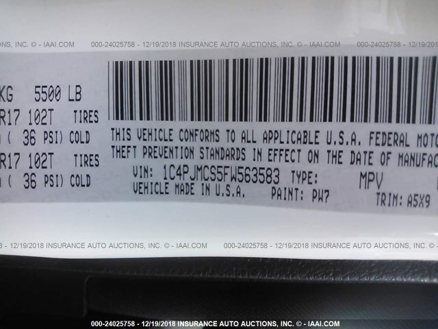 1C4PJMCS5FW563583 - 2015 JEEP CHEROKEE LATITUDE WHITE photo 9