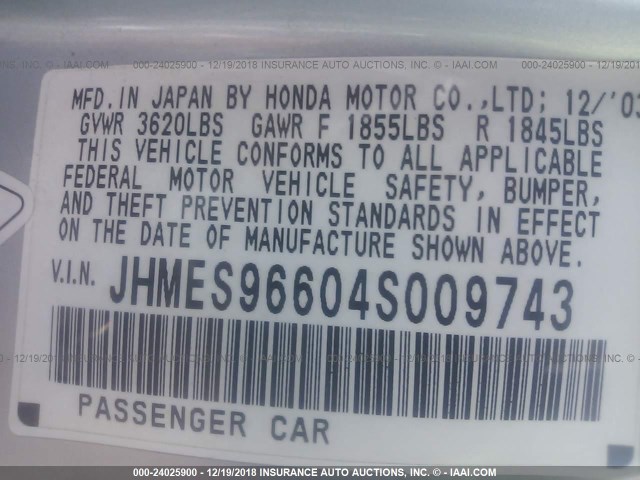 JHMES96604S009743 - 2004 HONDA CIVIC HYBRID BLUE photo 9