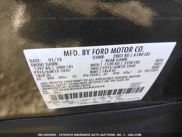 1FM5K8D88JGA83034 - 2018 FORD EXPLORER XLT GRAY photo 9