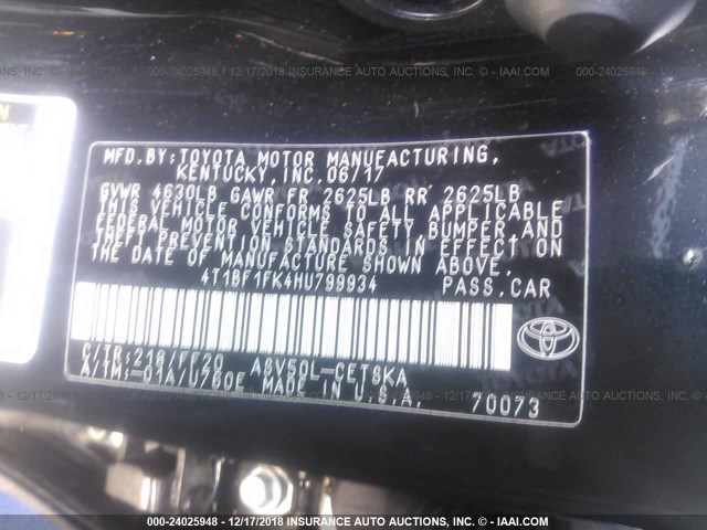 4T1BF1FK4HU799934 - 2017 TOYOTA CAMRY LE/XLE/SE/XSE BLACK photo 9