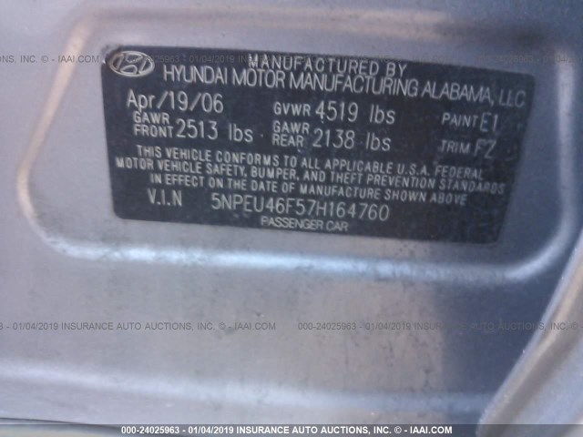 5NPEU46F57H164760 - 2007 HYUNDAI SONATA SE/LIMITED GRAY photo 9