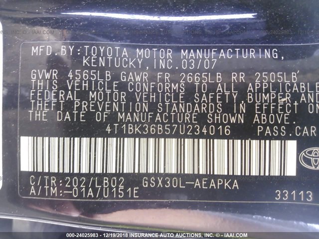 4T1BK36B57U234016 - 2007 TOYOTA AVALON XL/XLS/TOURING/LIMITED BLACK photo 9