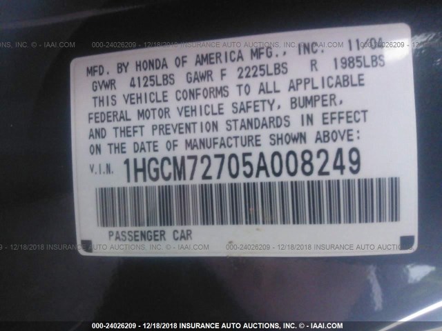 1HGCM72705A008249 - 2005 HONDA ACCORD EX GRAY photo 9