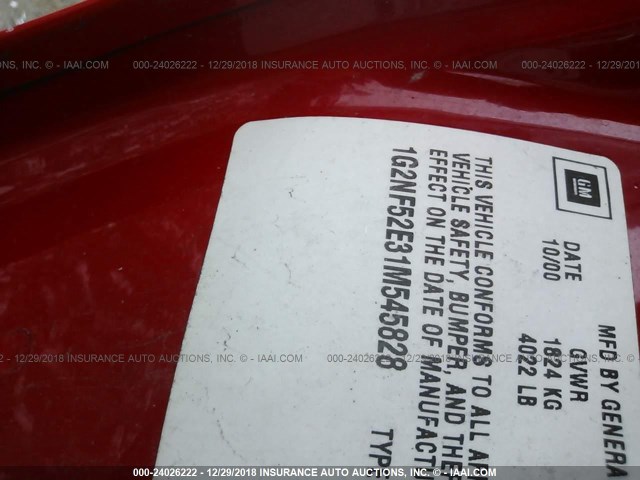 1G2NF52E31M545828 - 2001 PONTIAC GRAND AM SE1 RED photo 9