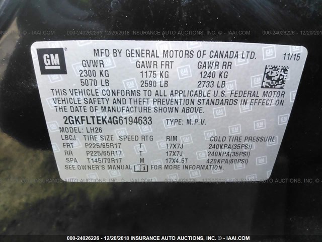 2GKFLTEK4G6194633 - 2016 GMC TERRAIN SLE BLACK photo 9