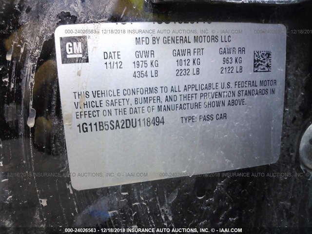 1G11B5SA2DU118494 - 2013 CHEVROLET MALIBU LS BLACK photo 9