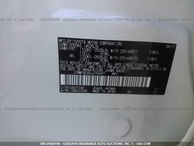 JTMWFREV8JJ155697 - 2018 TOYOTA RAV4 ADVENTURE/XLE 白色 照片 9