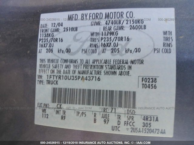 1FTYR10U35PA43716 - 2005 FORD RANGER GRAY photo 9