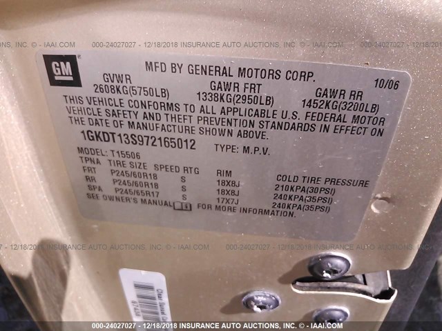 1GKDT13S972165012 - 2007 GMC ENVOY GOLD photo 9