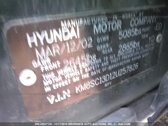 KM8SC13D12U257826 - 2002 HYUNDAI SANTA FE GLS/LX BLACK photo 9