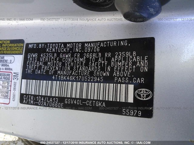 4T1BK46K17U522945 - 2007 TOYOTA CAMRY NEW GENERAT LE/XLE/SE SILVER photo 9