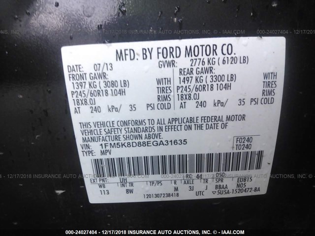 1FM5K8D88EGA31635 - 2014 FORD EXPLORER XLT BLACK photo 9