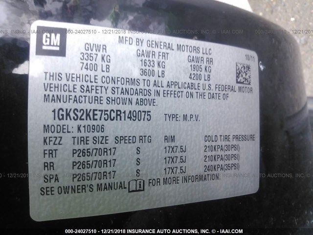 1GKS2KE75CR149075 - 2012 GMC YUKON XL K1500 SLT BLACK photo 9