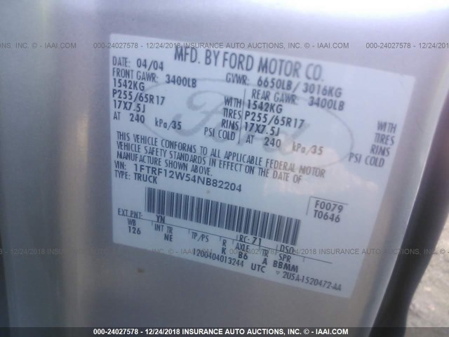 1FTRF12W54NB82204 - 2004 FORD F150 SILVER photo 9