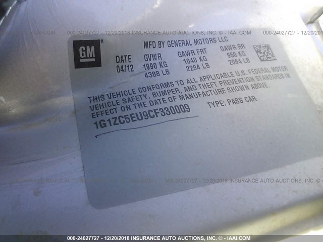 1G1ZC5EU9CF330009 - 2012 CHEVROLET MALIBU 1LT SILVER photo 9