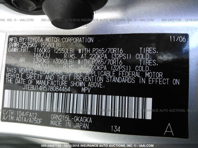 JTEBU14R578084464 - 2007 TOYOTA 4RUNNER SR5/SPORT SILVER photo 9