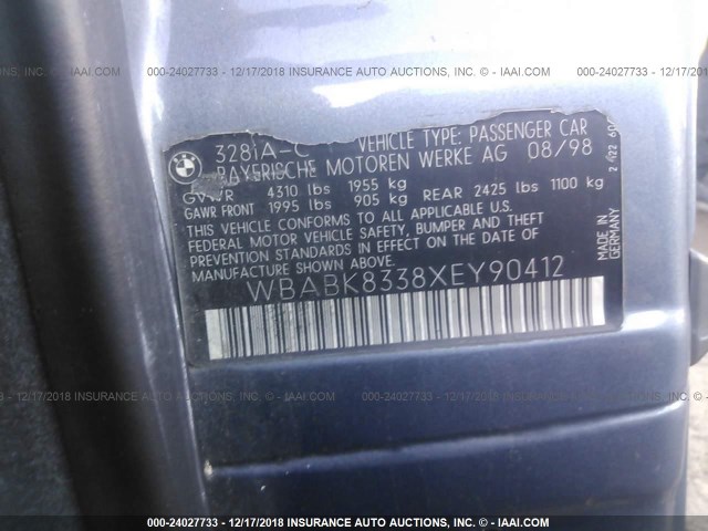 WBABK8338XEY90412 - 1999 BMW 328 IC AUTOMATIC BLUE photo 9