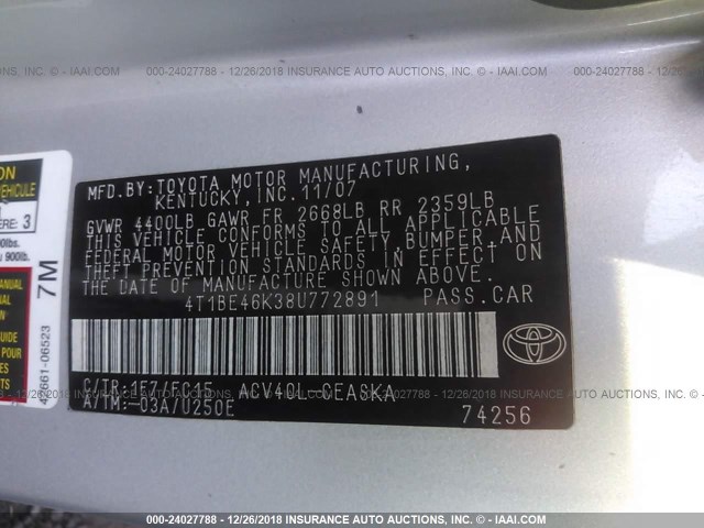 4T1BE46K38U772891 - 2008 TOYOTA CAMRY CE/LE/XLE/SE SILVER photo 9