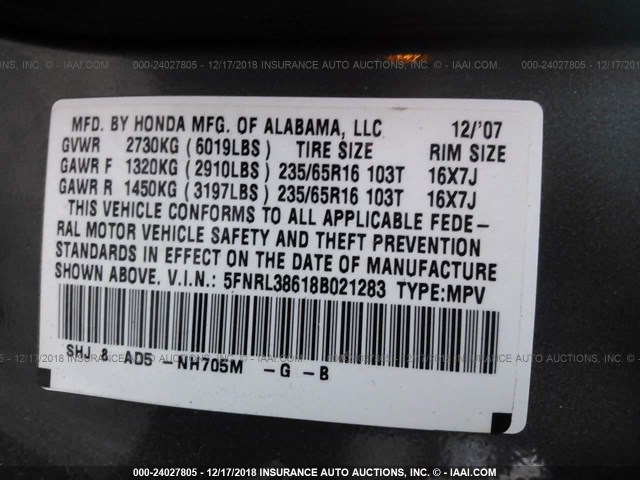 5FNRL38618B021283 - 2008 HONDA ODYSSEY EXL GRAY photo 9