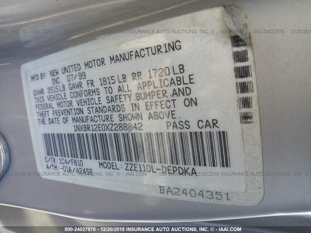 1NXBR12E0XZ288842 - 1999 TOYOTA COROLLA VE/CE/LE 银色 照片 9