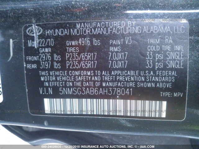 5NMSG3AB6AH378041 - 2010 HYUNDAI SANTA FE GLS GRAY photo 9