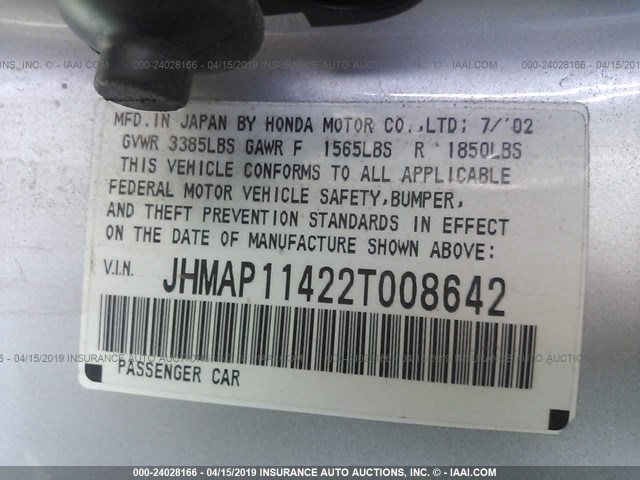 JHMAP11422T008642 - 2002 HONDA S2000 SILVER photo 9