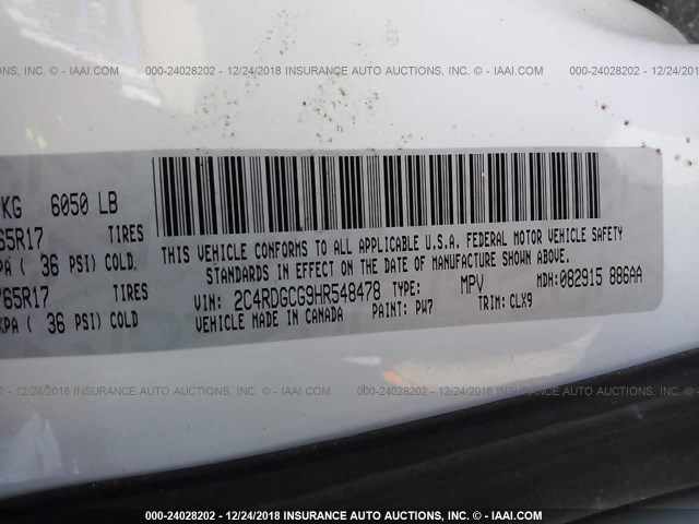 2C4RDGCG9HR548478 - 2017 DODGE GRAND CARAVAN SXT WHITE photo 9