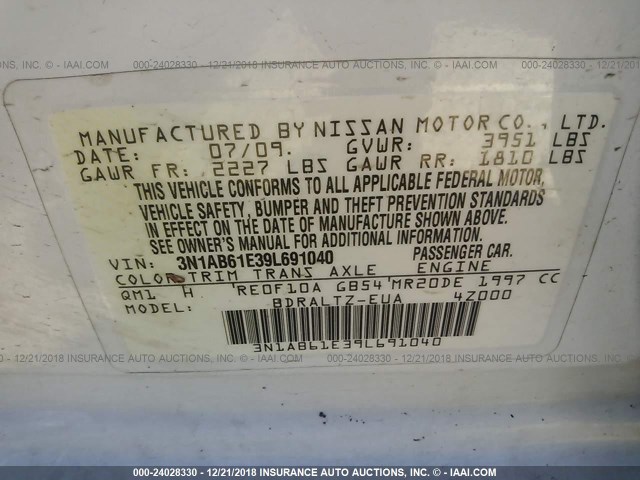 3N1AB61E39L691040 - 2009 NISSAN SENTRA 2.0/2.0S/2.0SL WHITE photo 9