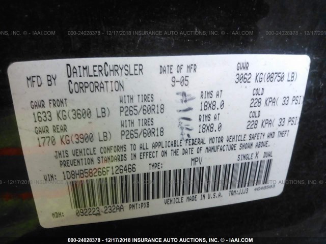 1D8HB58266F126466 - 2006 DODGE DURANGO LIMITED BLACK photo 9