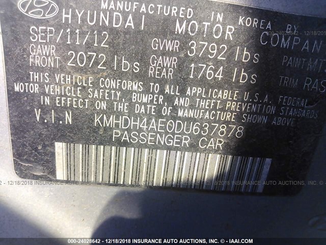 KMHDH4AE0DU637878 - 2013 HYUNDAI ELANTRA GLS/LIMITED SILVER photo 9