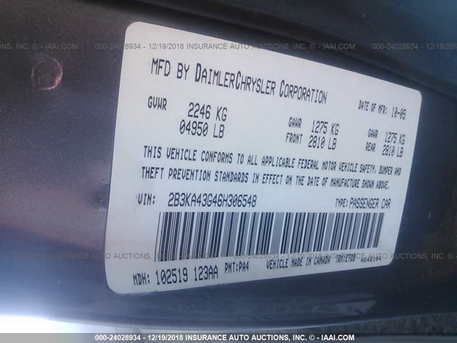 2B3KA43G46H306548 - 2006 DODGE CHARGER SE/SXT GRAY photo 9