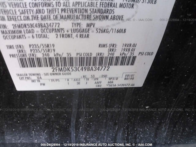 2FMDK53C49BA34772 - 2009 FORD FLEX LIMITED BLACK photo 9