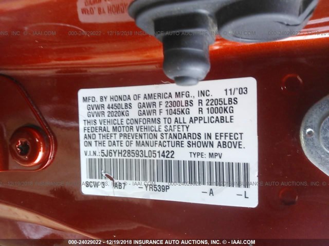 5J6YH28593L051422 - 2003 HONDA ELEMENT EX ORANGE photo 9