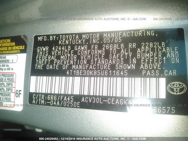 4T1BE30K85U611645 - 2005 TOYOTA CAMRY LE/XLE/SE GRAY photo 9