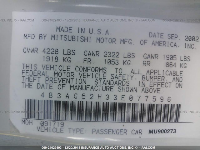 4B3AG52H33E077596 - 2003 DODGE STRATUS R/T WHITE photo 9