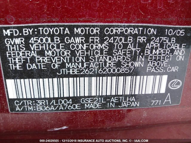 JTHBE262162000857 - 2006 LEXUS IS 350 RED photo 9